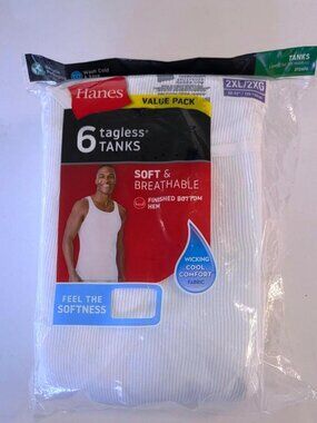 Hanes Mens White Ribbed Tank Tops Pck. of 6 Size 2XL - New w/Tags